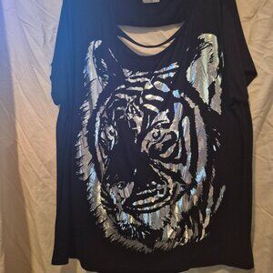 Free Kiss Silver Foil Tiger Slit Back Shirt Top 2X 3X